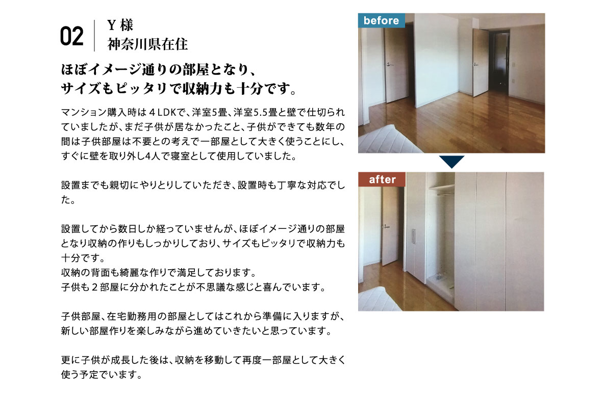 ほぼイメージ通りの部屋となり、サイズもピッタリで収納力も十分です。