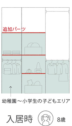 低学年の子どもの手が届く位置に棚やパイプ。お片付けの習慣を育みます。