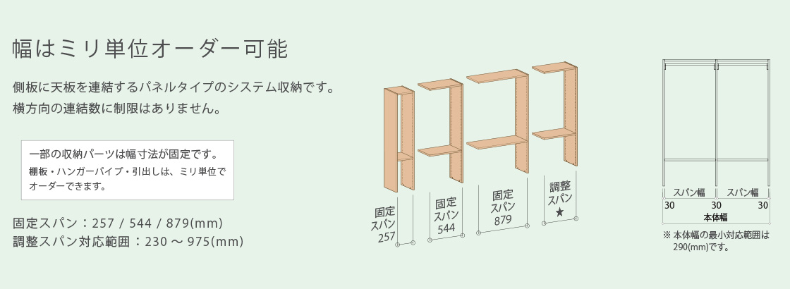 調整スパン対応範囲：230～975（mm）／本体幅：290（mm）～